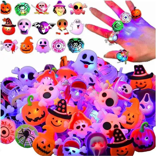 50 Pcs Unisex Youth 3D LED Light Glow-in-the-Dark ABS Flashing Rings, Halloween Festive Party Supplies, Non-Candy Treats, Goodie Bag Fillers