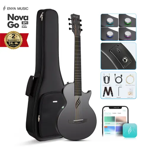 Enya Nova Go SP1 Carbon Fiber 35 in. Travel Acoustic-Electric Guitar - Lightweight 1-Piece Body, Built-In Effects, USB Recording, Bluetooth Speaker, Reverb w/o Pedals, Beach Use, 24-Hour Shipping, 24 Months Warranty, Guitar Pack, Learning Tools