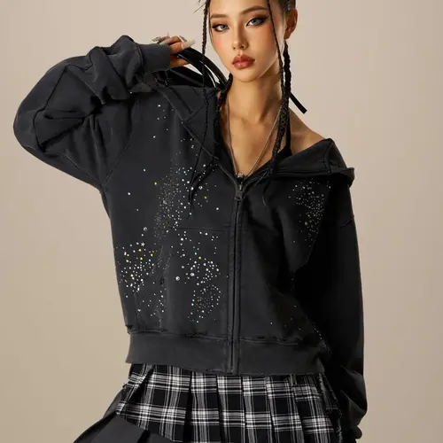 AELFRIC EDEN Women's Casual Soft Graphic Zip-Up Hoodie Tops - Chic Cute Preppy 2000s Aesthetic Unisex Streetwear, Oversized Vintage Washed Cotton Hoodie with Rhinestone Star, Breathable Work Top