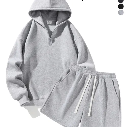 Unisex's Half-Zip Hoodie with Shorts, Basic Style Sporty Plain Comfortable and Warm Sports Two-Piece Set, Athleisure Set, Tracksuits for Jogging, Running and Workout, Suitable for Daily Wear & Outdoor Activities, Casual Activewear Set