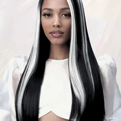 Black Mix Cream White Highlight Synthetic Lace Front Wigs Straight Natural Hairline Wig 13x4 HD Transparent Lace Wig Lace Frontal Wigs for Party Christmas Halloween Glueless Frontal Wig No Glue Wig 28 Inch
