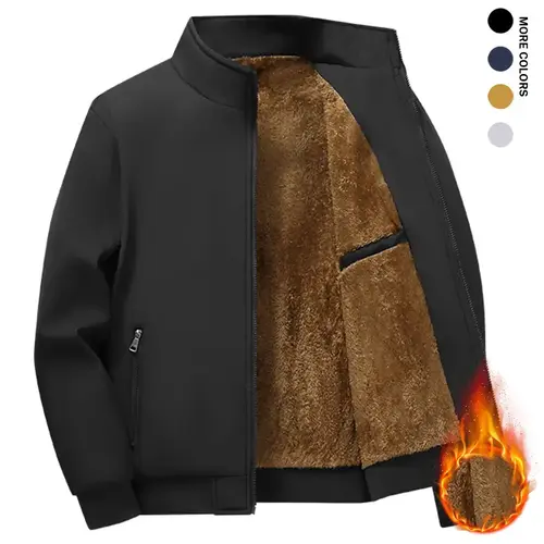 Men's Knitting Fitted Fleece-Lined Thick Plain Winter Coat - Stand-Collar, Full-Zip, Windproof Outer Shell, Side Pockets, Elastic Cuffs, Elastic Hem, Snug Fit, Ideal for Casual Outings, Outdoor Adventures, New Year (XL Available)