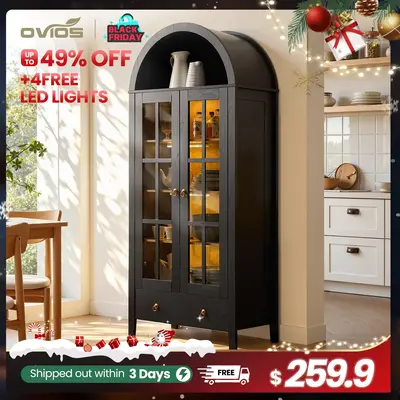 Ovios 71" Tall Arched Kitchen Pantry with Glass Door & Magnetic LED Lights, Modern Farmhouse Deep-Drawer Livingroom Storage Cabinet, Eco Wood Panel, Cupboard for Kitchen/Dining/Bathroom/Toy