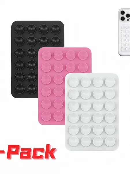 3-Pack Silicone Car Phone Mount - 24 Suction Cups Anti-Slip Vehicle Accessory, Hands-Free Mobile Phone Grip Stand for Smooth Surfaces, White/Pink/Black, Compatible with Most Smartphones