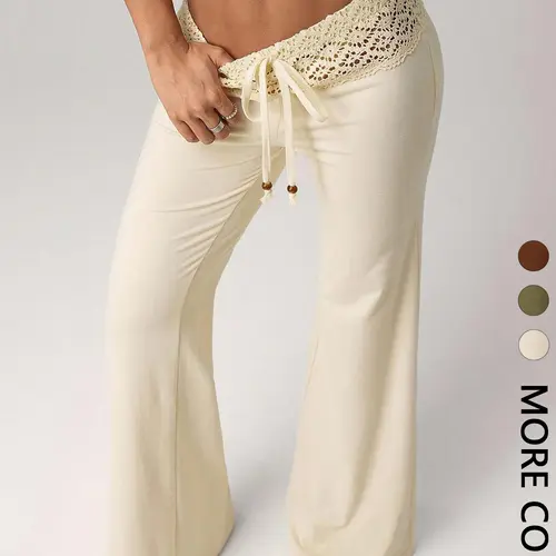 Women's Knit Beaded Drawstring Loose High Waist Flowy Casual Vacation Pants, Comfortable High Waist Trousers for Spring & Fall Seasons