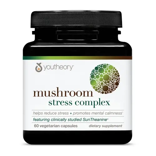 Youtheory Mushroom Stress Complex, Organic Full-Spectrum Mushrrom with L-Theanine, Help Reduce Stress and Promotes Mental Calmness, 60 Vegetarian Capsules