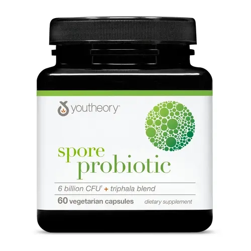 Youtheory Organic Spore Dietary Probiotic - 6B CFU per Serving Digestive Supplement, Stomach Acid-Resistant, Dairy-Gluten-Soy Free, Triphala Blend, Bloating Relief, 000 mg Organic Amla (Fruit) (Emblica Officinalis), 60 Vegetarian Capsules