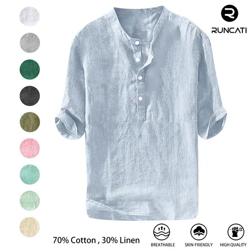Runcati Mens 70% Cotton 30% Linen Shirts Casual Cotton 3/4 Sleeve Regular-Fit Henley T-Shirt Summer Lightweight Beach Yoga Tops father's day gift