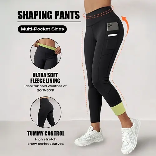 CHICME Women's High-Rise Leggings - Winter Warm, Tummy Control, Butt Lifting, Ultra Soft Thermal Fleece Lined, Gym Workout Apparel, Flattering, Flexible Fabric, Elastic High Waist, 1-Side Stacked Slit Pockets