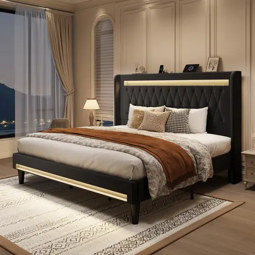 SHA CERLIN Velvet Upholstered Diamond-Tufted Long Headboard Platform Bed Frame - Queen/King/Full Sizes, Built-in LED Lights & Outlets, Solid Wood Slats, No Box Spring Needed, Furniture for Bedroom