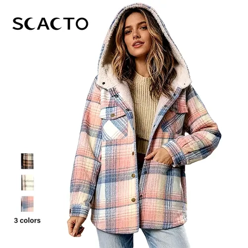 Scacto Women's Inclusive Size Polyester-Spandex Checkered-Houndstooth Print Button-Front Hooded Coat - Soft, Comfortable, Casual Long-Sleeve Pocket Outerwear Piece for Fall, Winter Daily Street Wear