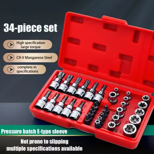 34pcs 3/8-Inch Drive Torx Bit Socket & E-Torx (Star) Socket Set, Cr-V E Socket E4–E20, S2 Torx Bit Set T10–T60, Tamper Proof TT10–TT55, 5/16"F to 3/8"M Adapter, Durable Hand Tools for Car & Motorcycle Repair