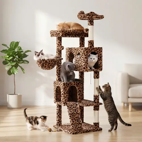 SHA CERLIN 64in(5.3ft) Multi-Level Cat Tree Tower, Cat Mansion, Cat Tree House, Vertical Scratcher, Sisal Posts, Ladder, Cozy Kitten Condo, Basket, Top Perch, Wood Dust Base, Leopard Print, Indoor Lounging Furniture for Multi-Level Play & Perch & Relax