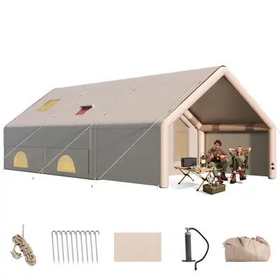 AMERLIFE Inflatable Tent for Camping, Large Blow Up Tent with Easy Setup Pump, Skylight, Stove Jack, Doors, Waterproof Oxford Outdoor Cabin, Ideal for Family, Emergency Shelter, Glamping