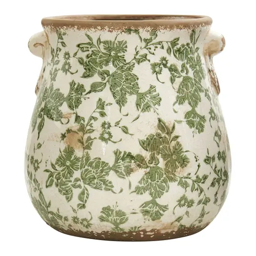 Nearly Natural 10" Tuscan Cera mic Green Scrol l Planter