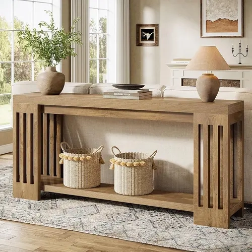 Tribesigns 70.9-Inch Farmhouse Console Table for Living Room, Hallway, Entrance - Vertical Stripe Legs, 2-Tier Design, Light Brown