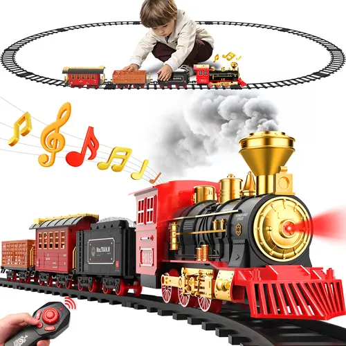 Hot Bee RC AA-Powered Miniature Remote Control Train Set - 2.36in Track Fits Classic Layout Play, Curved Tracks Invite Loops & Twists, Light Up Features, 1 Cargo Vehicle, 1 Coal Car, Smoke, Sound, Christmas Tree Fit, Gift for 3-8+ Yr Old Kids