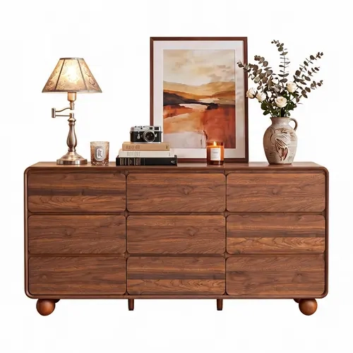 Giratree Modern 9 Drawer Dresser for Bedroom, 63" L Wooden Dresser Chest of Drawers, Handle Free & Curved Profile Design, Mid Century Closet Clothes Storage Organizer for Living Room