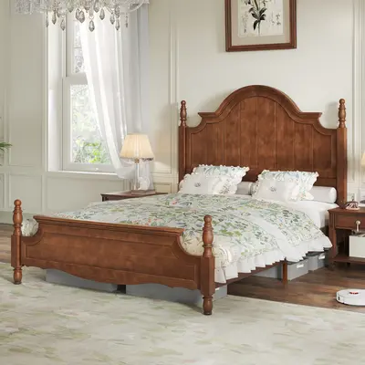 AMERLIFE Solid Wood Bed Frame with 56" Arched Headboard, Traditional Poster Bed with Wooden Slats Support, No Box Spring Needed, Easy Assembly, Slatted Bed Base, Sturdy Platform Bed