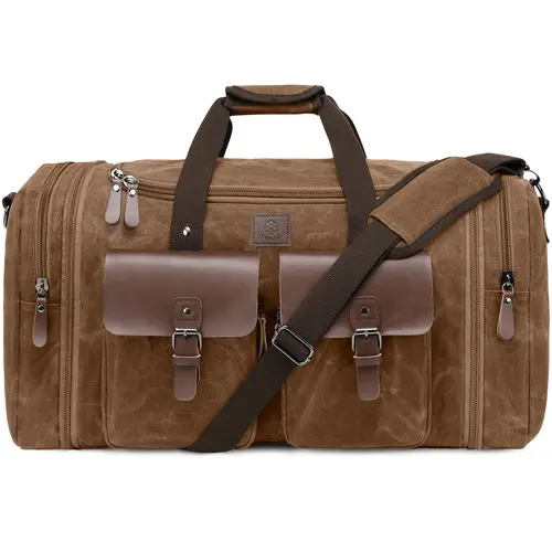 Densata Waxed Canvas Men's Multifunctional Travel Duffels - 60L Spacious Weekender, 23.6*11*12.2in Waterproof Leakproof Expandable Overnight Luggage, 2 Front Leather Pkts, Magnetic Quick-Grab, Adjustable, Convertible, Laptop Bags Compartment & Sleeve