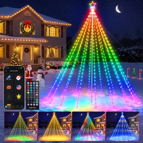 AVATAR CONTROLS Smart RGB Christmas Flag Pole Tree Lights, Gaint Dimmable Gradient Multicolor Star Outdoor Decorative Lights with Pole,DIY Mode Lights,Music Sync, Timer, Waterproof, Wedding/Christmas Decorations for Lawn familyfun
