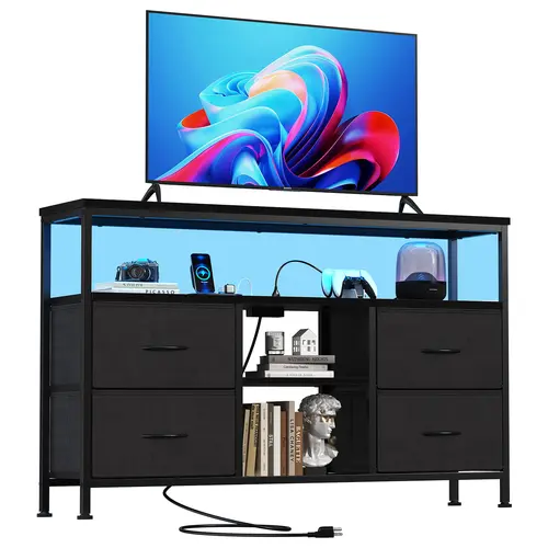 Sweetcrispy MDF Board LED TV Stand - Modern Minimalist 4-Drawer Storage Indoor Furniture with Built-In Shelving, Adjustable Base, LED Lighting, Power Outlets, Adjustable Feet for 50-Inch TV (Bedroom/Living Room)