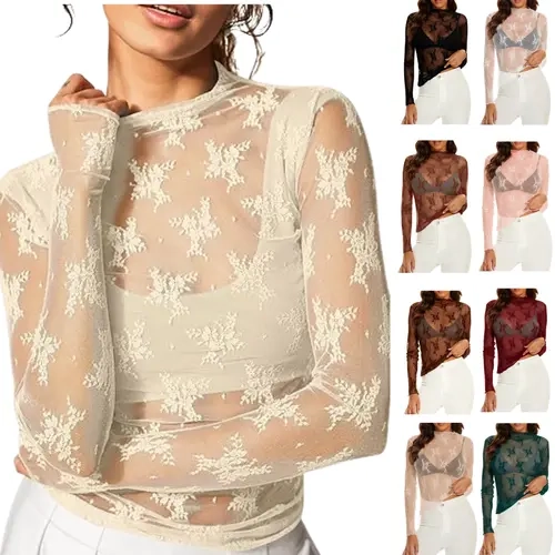 Molitree Women's Lace Mesh Top Long Sleeve: Sheer, Floral, Slim Fitted, See Through Blouse—Casual, Party, Spring Summer Boho Cottagecore Blouse Casual Boho Breathable