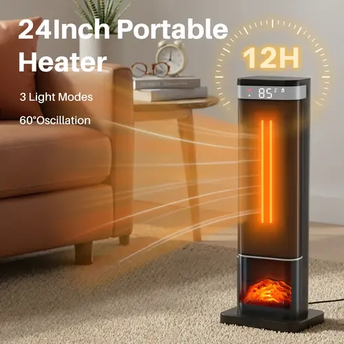 Sweetcrispy 23" Space Heater, 1500W Electric Heater with 12-Hour Timer 4 Modes, 70° Oscillation, 12-Hour Timer, Thermostat 50-95°F, Fast Heating, Child Lock