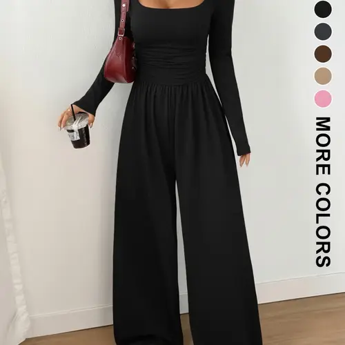 【Black Friday】Women's Knit Wide-Leg Jumpsuit, Casual Fashion Basic Solid Color Long Sleeve Square Neck Jumpsuit, Versatile Fall & Winter Wear #GLOBAL PICKS