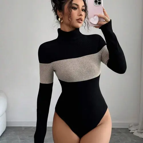 【Black Friday】Women's High Neck Patchwork Long Sleeve Stretchy Fitted Casual Bodysuit, Basic Casual Wear for Fall & Winter, Solid Color, Moderate Fabric Thickness