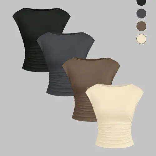 Women's 4-Piece Fashion Casual Fit Chic Knit Round Neck Fitted Ruched T-Shirt Set  Plain Short Sleeve Summer Top, Soft Breathable Fabric, Basic Daily Wear