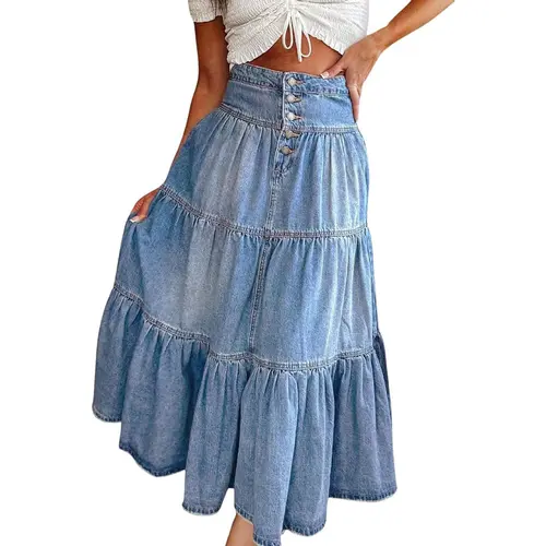 Chouyatou Women's High-Waisted A-Line Denim Skirt Bohemian Style Flowing Ruffle Button Skirt with Tiered Design