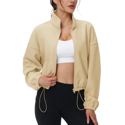 MAGCOMSEN Women's Fitted Cropped Curve-Hug Full-Zip Fleece Jacket - Collared Neck, Long Sleeve, Adjustable Drawstring Hem, 2 Side Pockets, Vibe Polyester Fabric, Warm Outdoor Hiking Winter Casual Outerwear