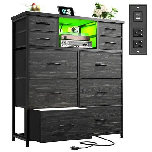 【Summerwins】Raybee Sturdy Drawer Cabinet Hutch - 10 Fabric Drawers, Open Shelves, Built-in Charging Hub (4.9-foot Power Cord), LED Mood Lights, Remote Control, Metal Frame, Anti-Tip Safety, Adjustable Legs, Easy Assembly, Ideal for Dorms, Room Storage