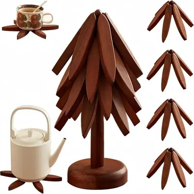 Natural Tree Trivet Set 4 Wooden Trivets & 1 Stand Heat Resistant Foldable Design Durable & High Quality Solid Wood Ideal for Hot Dishes, Pots, Bowls, Teapots Kitchenware & Tableware Coasters summerwins