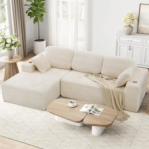 【2 Packages Shipping】LIKIMIO 110" Modular Sectional Sofa, Cloud Couch with 2 Cup Holders & Storage Pockets, Modern L-Shape Couch with Deep Seat and Chaise for Living Room