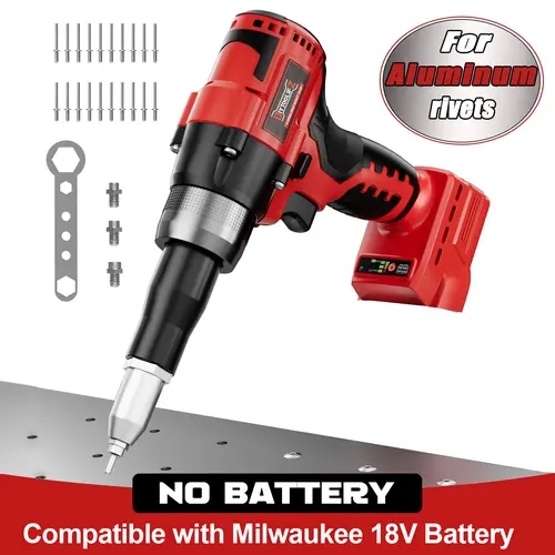Cordless Electric Pop Rivet Gun Compatible with Milwaukee 18V Battery(NO Battery!!), 3 Size (1/8", 5/32", 3/16") Aluminum Rivets, with Kit Nose Piece, PowerTool toolupgrade