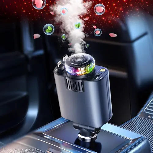 5-in-1 Extendable Fast Charging Phone Charger with Built-in Battery, Car Aromatherapy Diffuser, Starlight Roof, 2 Cables, USB-C Adapter - Auto Accessory, Compatible with iPhone 17, Upgrades Your Car Charging Experience