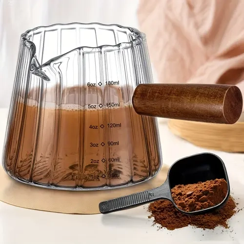 180ml/6oz Glass Milk Measuring Cup with Wood Handle & Coffee Spoon, Borosilicate Glass Pitcher with Scale & Spout, Milk Frother Measuring Cup, for Coffee Milk, Coffee Bar, Kitchen Accessories, Kitchen Measuring Utensils