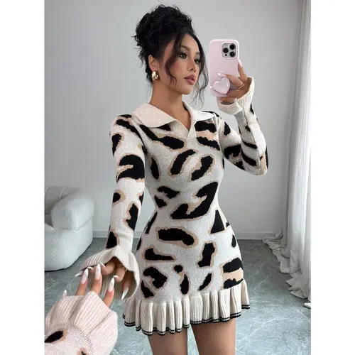 Women's Autumn Fashion Leopard Print Knit Ruffle Hem Bodycon Design Sweater Dress Cloth Stretch Fabric Cozy Elegant