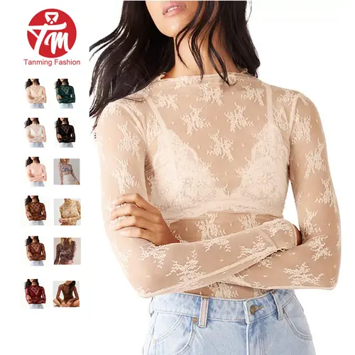 Tanming Women's Long-Sleeve Mesh Lace Blouse, Lady's Casual Fashion Fitted See-Through Top with Premium Fabric, Ideal for Party, Spring-Summer Outfits #SpringStatements,summerwins