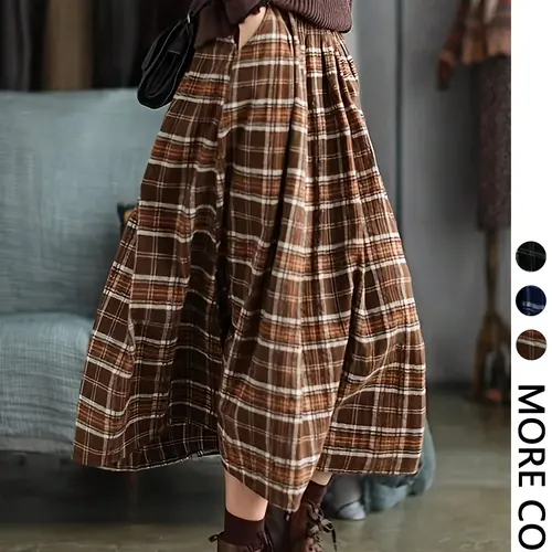 Women's Plaid Woven A-Line Long Dress,flared skirt， Casual Loose Fit Elastic Waist Pocket Design, All-Season Wearable Fashion Skirt