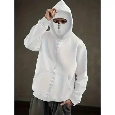 Quick-Dry Windproof Full-Zip Hooded Jacket with Mask - Lightweight High-Stretch Compression Fit Gym Running Outdoor Sportswear, White/Black/Navy/Pink, Full-Length Zipper & Pockets, Hand Washable Hoodie
