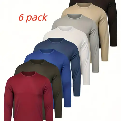 6pcs Men'S Quick-Dry Gym Long Sleeve T-Shirts - long Shirts with Moisture-Wicking Fabric, Color Options for Workout, Running, Casual Attire - Breathable Athletic Tops for Active Lifestyles, Workout Shirts, Running Gear, Round Neckline, Stretchy Material