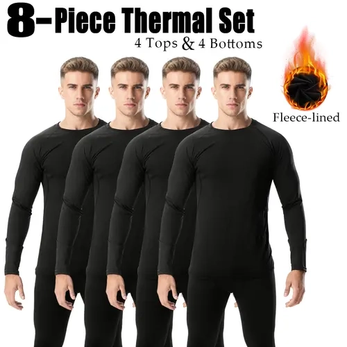 OKP Men's 8-Piece Thermal Set Fleece-Lined 4 Tops & 4 Bottoms for Cold Weather Comfort Autumn Winter Warm Training Gear Crewneck Menswear Minimalist Design