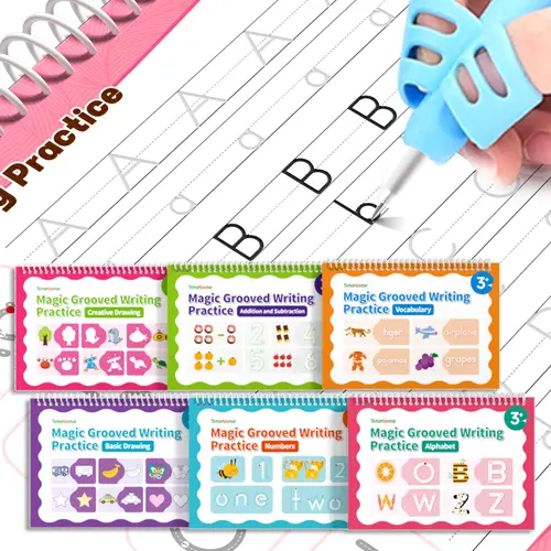 TIMETOME Eco-Friendly Reusable Grooved Alphabet Copybook Set for Kids, 6-Piece 10.2×7.2 inches Books, 5 Auto-Disappearing Heat-Activated Pen Refills, Children’s Early Elementary Kids Learning Materials