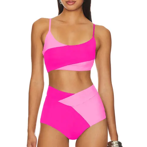 Aleumdr Women's 2-Piece Sewn-In Padded Bikini Swimsuit Set - Stretch Quick-Dry Beach Bathing Suit with Color-Block Scoop Neck Push-Up Bra Top, High-Waisted Bottoms, Adjustable Spaghetti Straps for Yacht Gatherings, Sewn-In Padded Bikini Sets