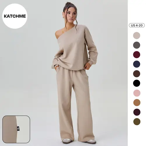Katch Me Chic(US)Women's Versatile Solid Sloping Shoulder Long Sleeve Top & Wide Leg Trousers Co-ord, Cozy Slouchy Scoop Neck Two Piece Outfits, Fall & Spring Daily Wear