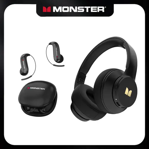 Monster Over-Ear Headphones & EarBuds Bluetooth Combo – Deep Bass, Clear Sound, Noise Cancelling Mic, Zero-Gravity Titanium Ear-Hook, Noise Isolation,Waterproof, 165H Playtime, Foldable Wireless Headset for Travel, Work - TikTokShopBackToSchool, Electroni
