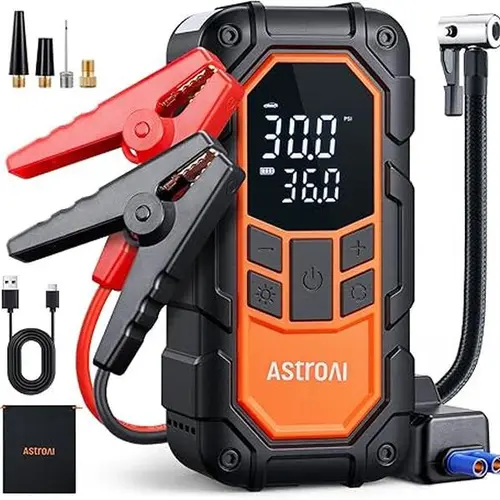 AstroAI S8 Air Nano Compact Multi-Function 5-in-1 Emergency Tool, 1500A Peak Car Battery Jump Starter, 150PSI Auto-Shutoff Digital Tire Inflator, 5 Preset Modes Make Inflation Simple, 12V ABS Charger Booster (6.0L Gas/3.0L, Lawnmowers, Adventure, Orange)